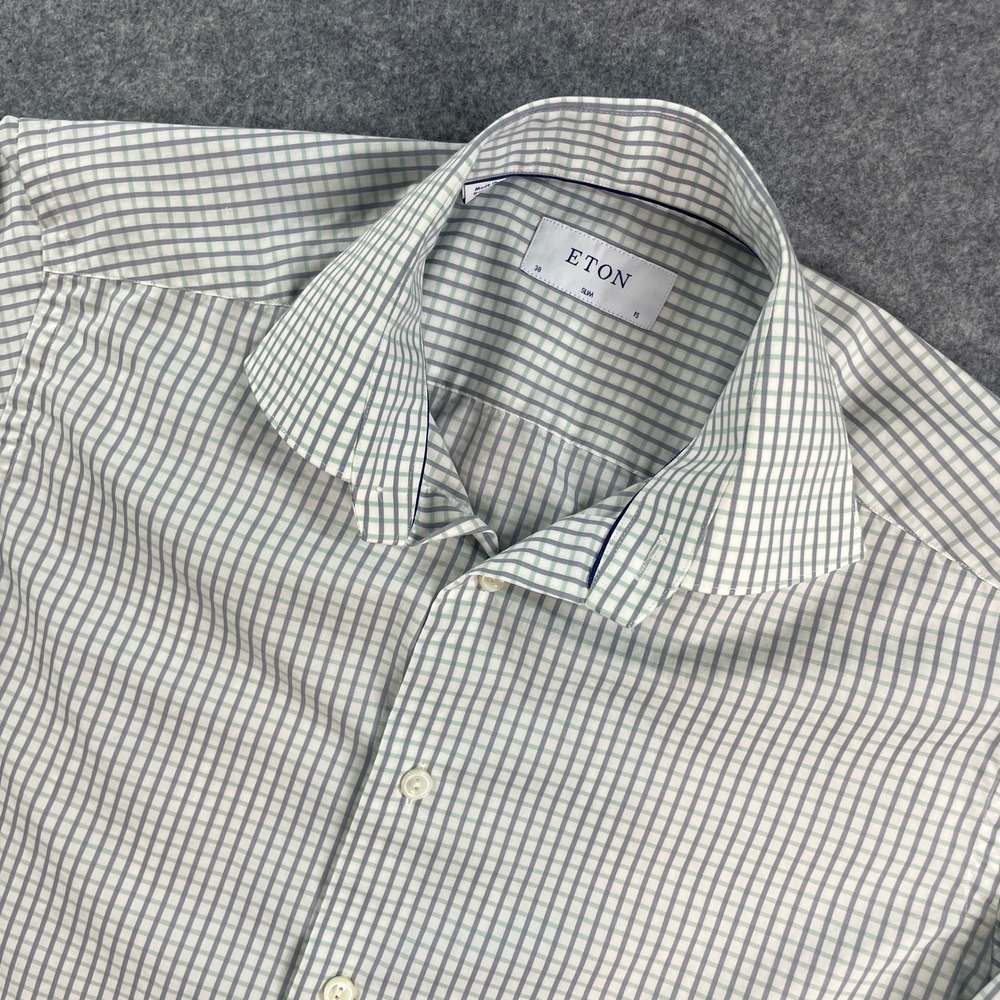 Eton Mens Button Down Shirt 15x38 White, Green, Gray Gingham Long Sleeve Dress
